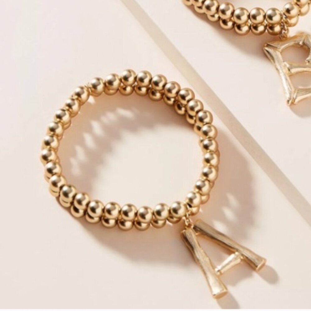 ANTHROPOLOGIE Gold Letter A Monogram Double Beaded Stretch Bracelet